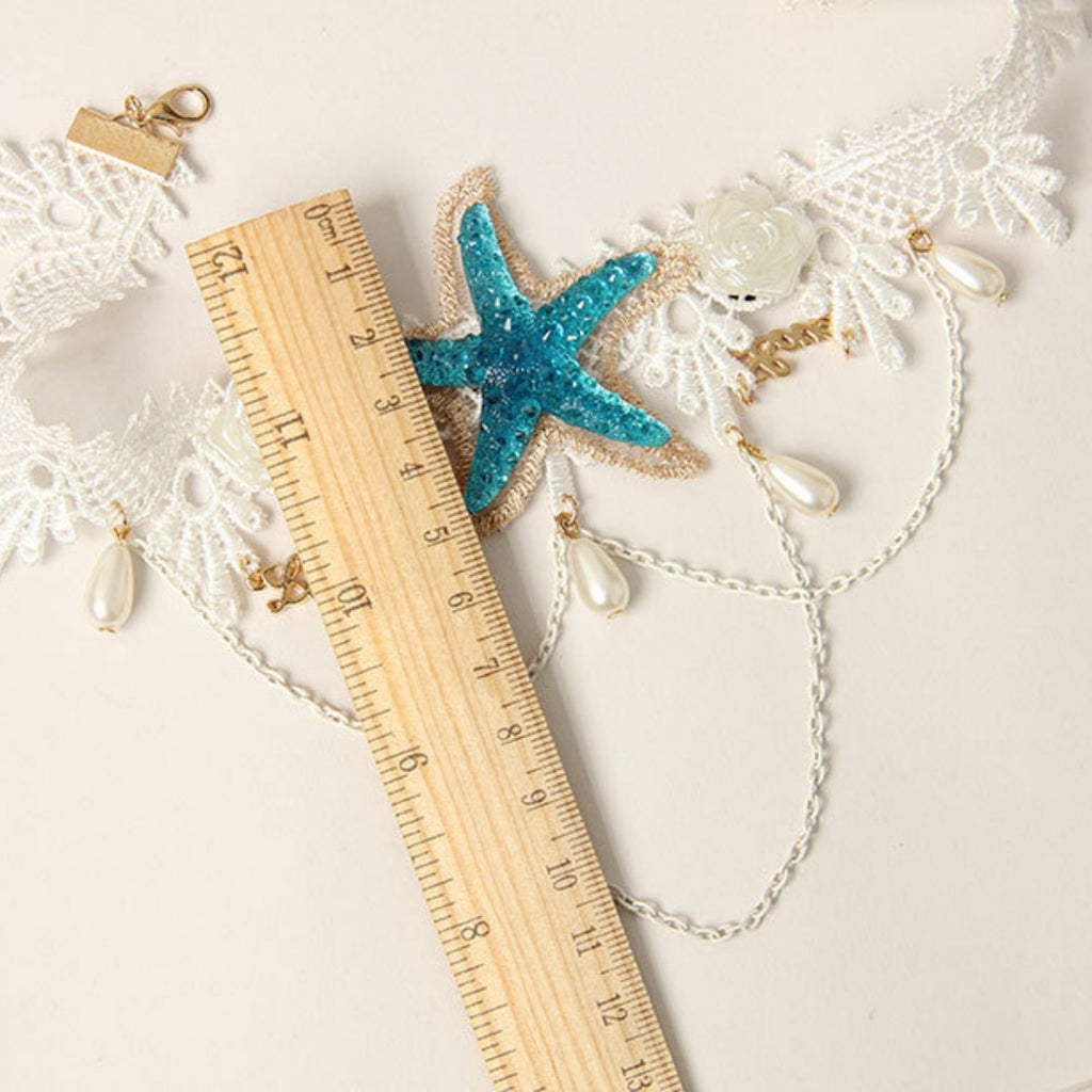 White Lace Starfish Choker Necklace | Mermaid Ocean Fairy Blue Glitter Starfish Pearl Drop Gold Chain Love Charm Beach Aesthetic Jewelry Gift