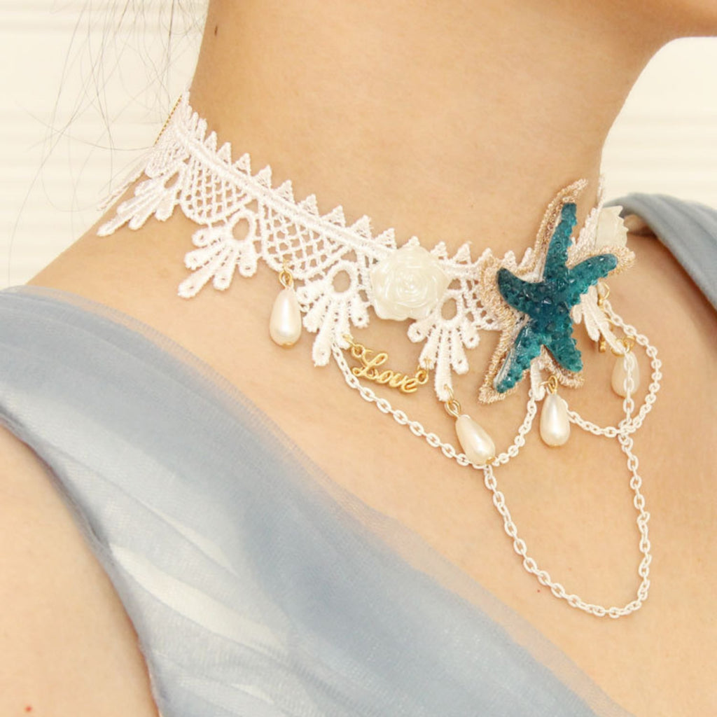 White Lace Starfish Choker Necklace | Mermaid Ocean Fairy Blue Glitter Starfish Pearl Drop Gold Chain Love Charm Beach Aesthetic Jewelry Gift