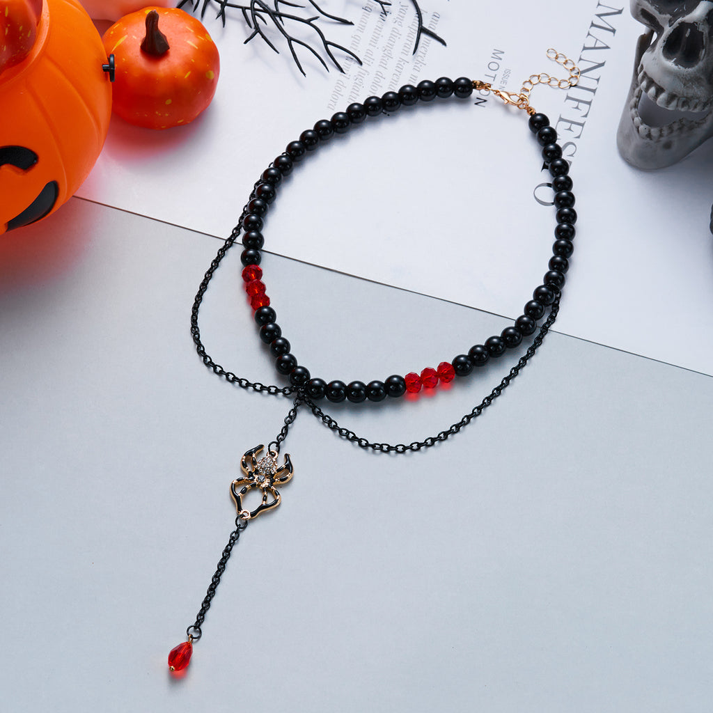 Halloween Gothic Spider Choker Necklace | Black Matte Bead Red Crystal Double Layer Chain Spider Pendant Halloween Jewelry