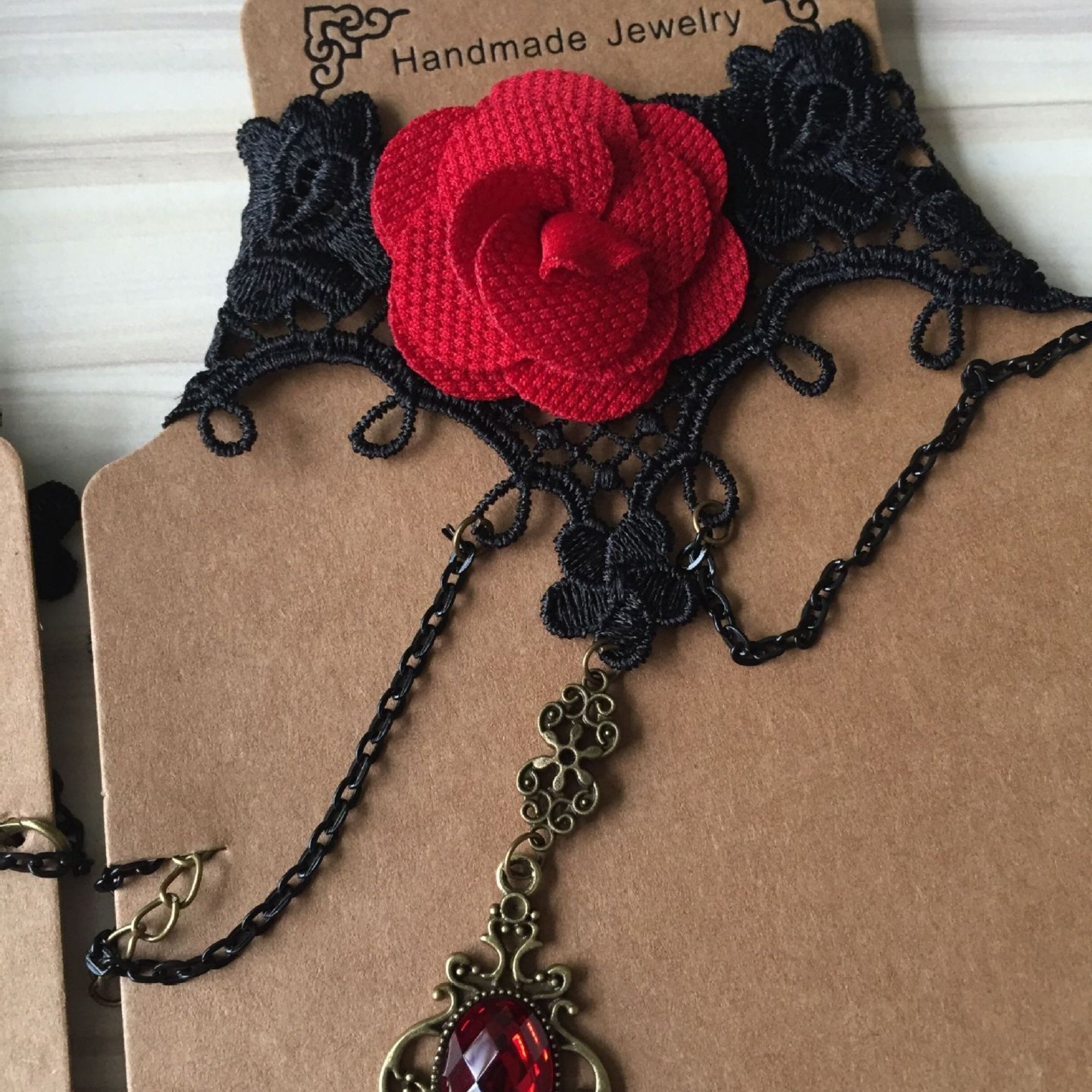 Gothic Black Lace Red Rose Choker Necklace | Antique Bronze Ruby Oval Pendant Chain Dark Romance Halloween Jewelry