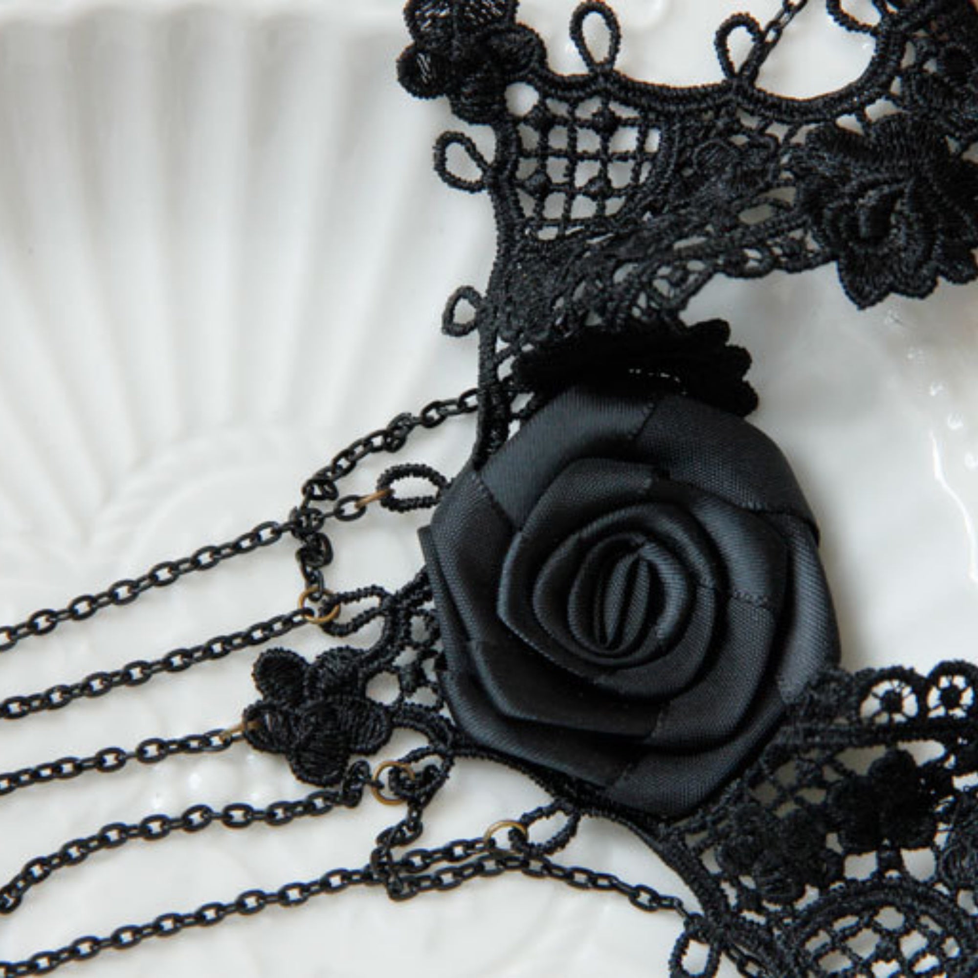 Halloween Black Lace Collar Necklace | Side Black Satin Rose 5-Chain Crystal Teardrop Fringe Vampire Queen Gothic Halloween Costume Jewelry Gift