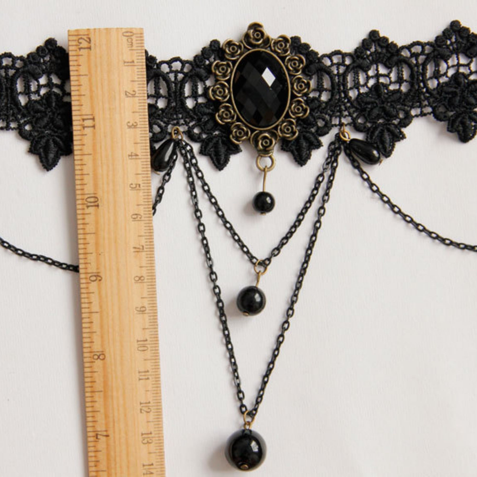 Halloween Black Lace Rose Gem Choker Necklace | Multi-Layer Chain Black Pearl Drop Vampire Queen Halloween Costume Jewelry Gift