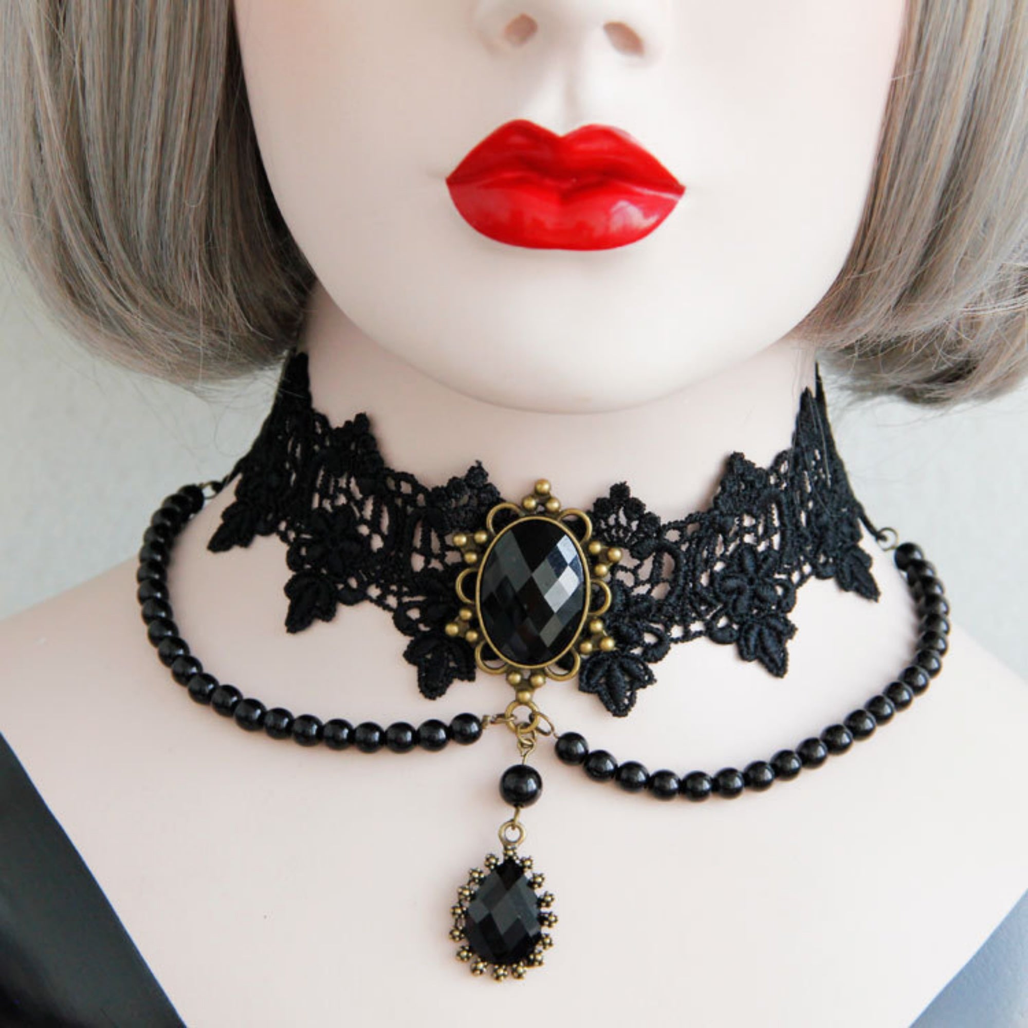 Halloween Black Lace Choker Necklace | Black Pearl Strand Layer Crystal Teardrop Drop Vampire Aristocrat Gothic Halloween Costume Jewelry Gift
