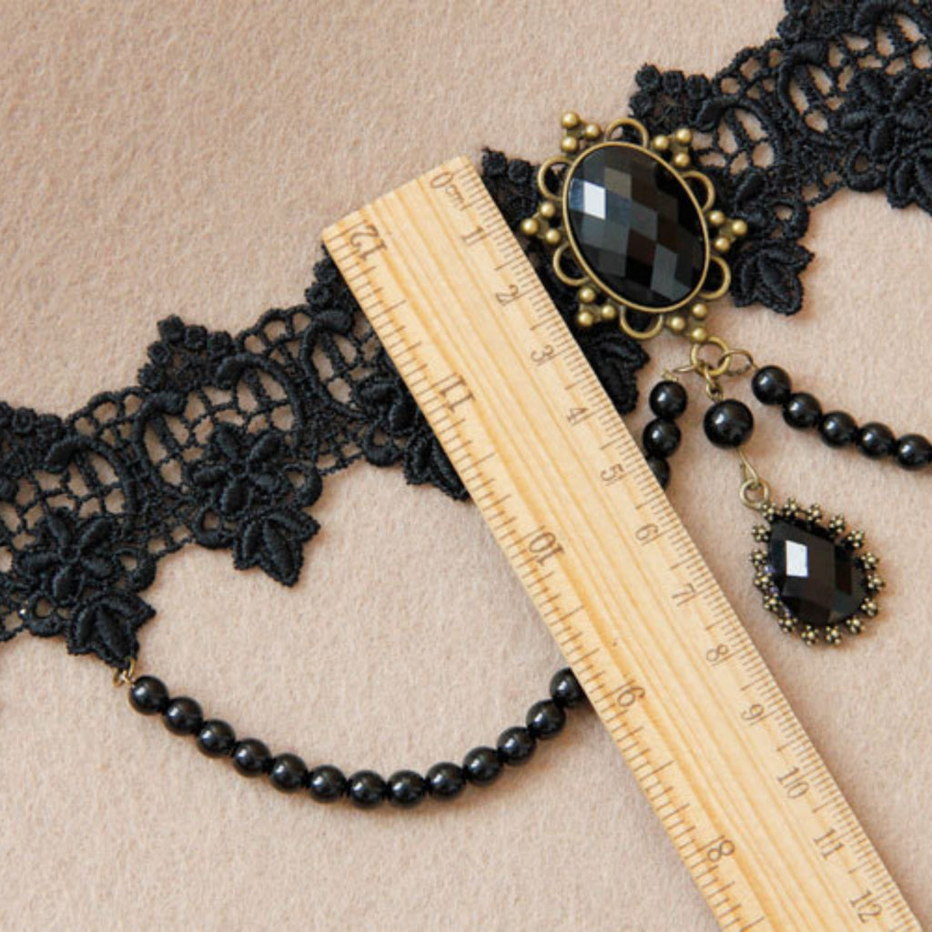 Halloween Black Lace Choker Necklace | Black Pearl Strand Layer Crystal Teardrop Drop Vampire Aristocrat Gothic Halloween Costume Jewelry Gift