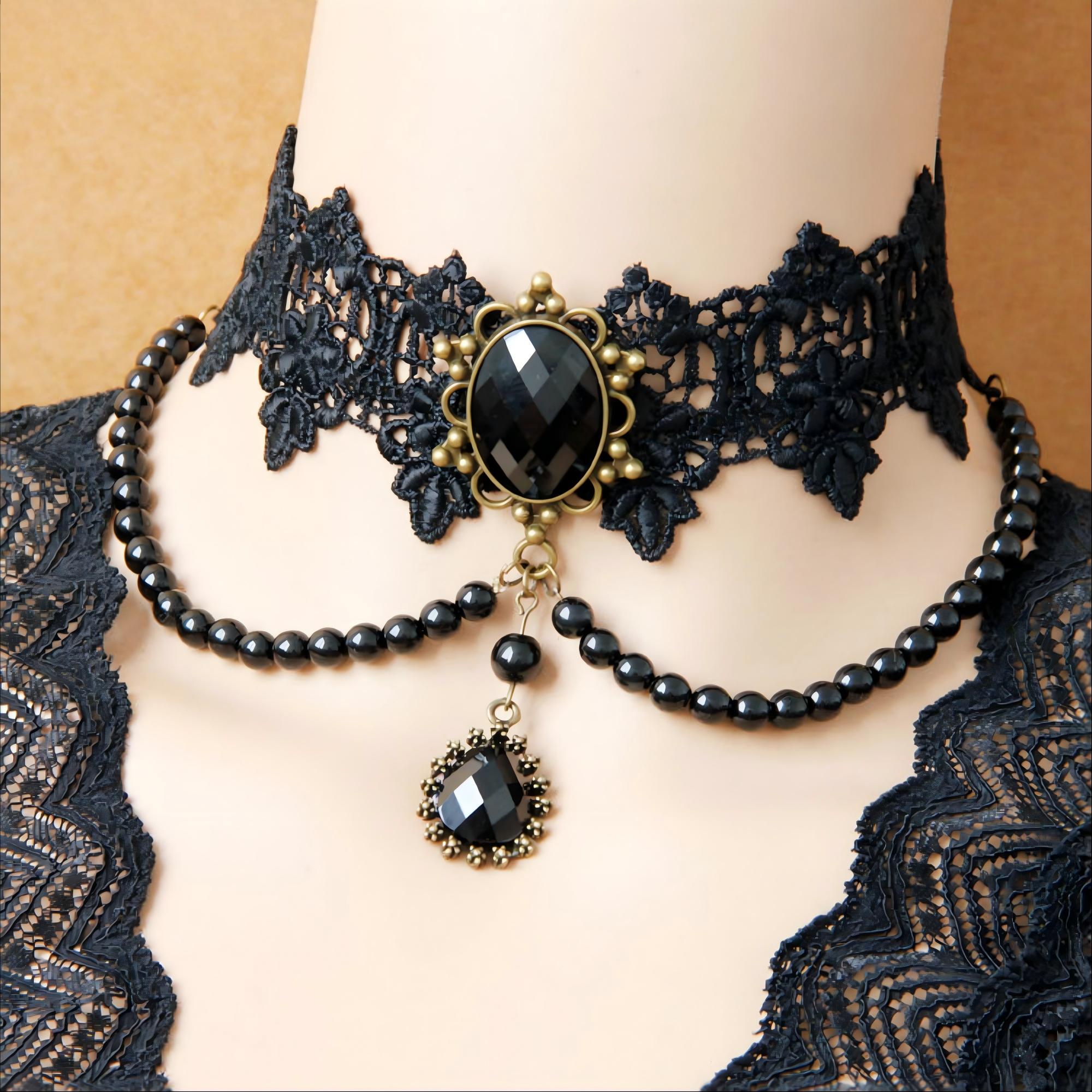 Halloween Black Lace Choker Necklace | Black Pearl Strand Layer Crystal Teardrop Drop Vampire Aristocrat Gothic Halloween Costume Jewelry Gift