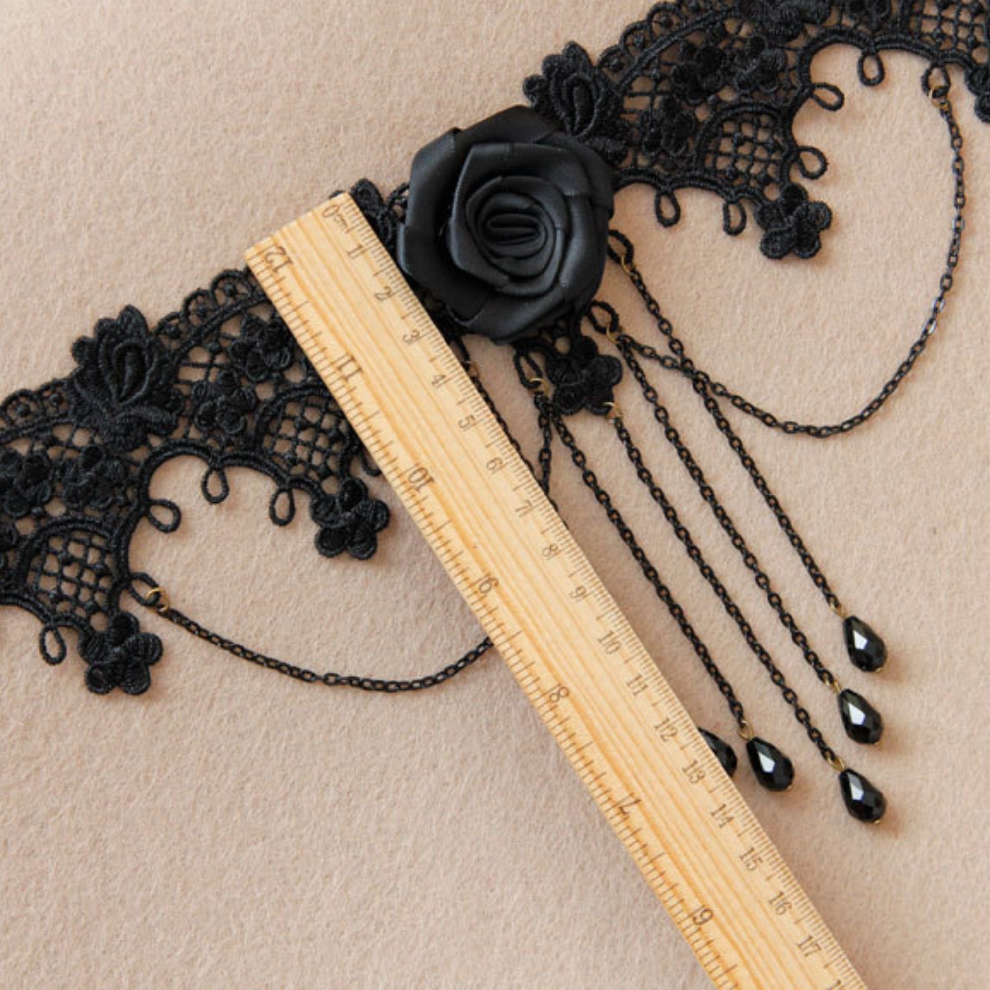 Halloween Black Lace Collar Necklace | Side Black Satin Rose 5-Chain Crystal Teardrop Fringe Vampire Queen Gothic Halloween Costume Jewelry Gift