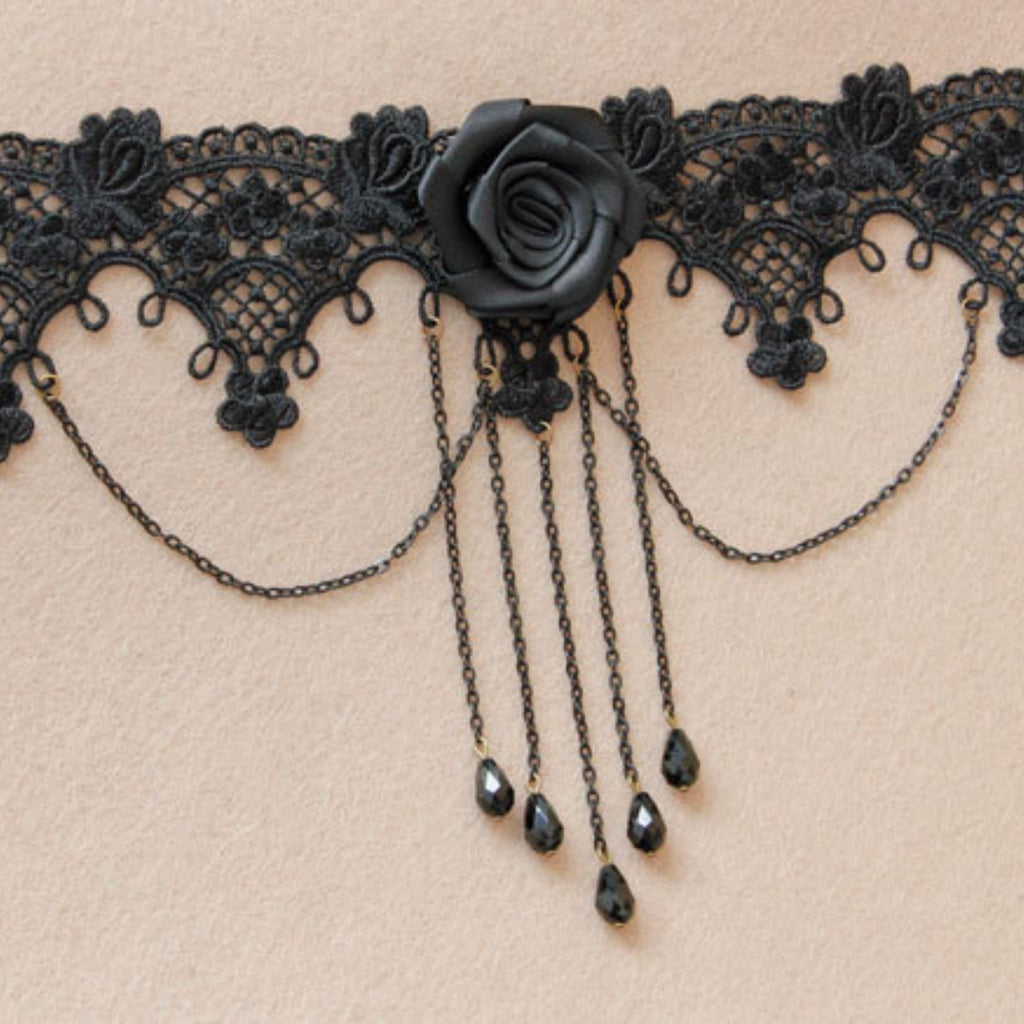 Halloween Black Lace Collar Necklace | Side Black Satin Rose 5-Chain Crystal Teardrop Fringe Vampire Queen Gothic Halloween Costume Jewelry Gift