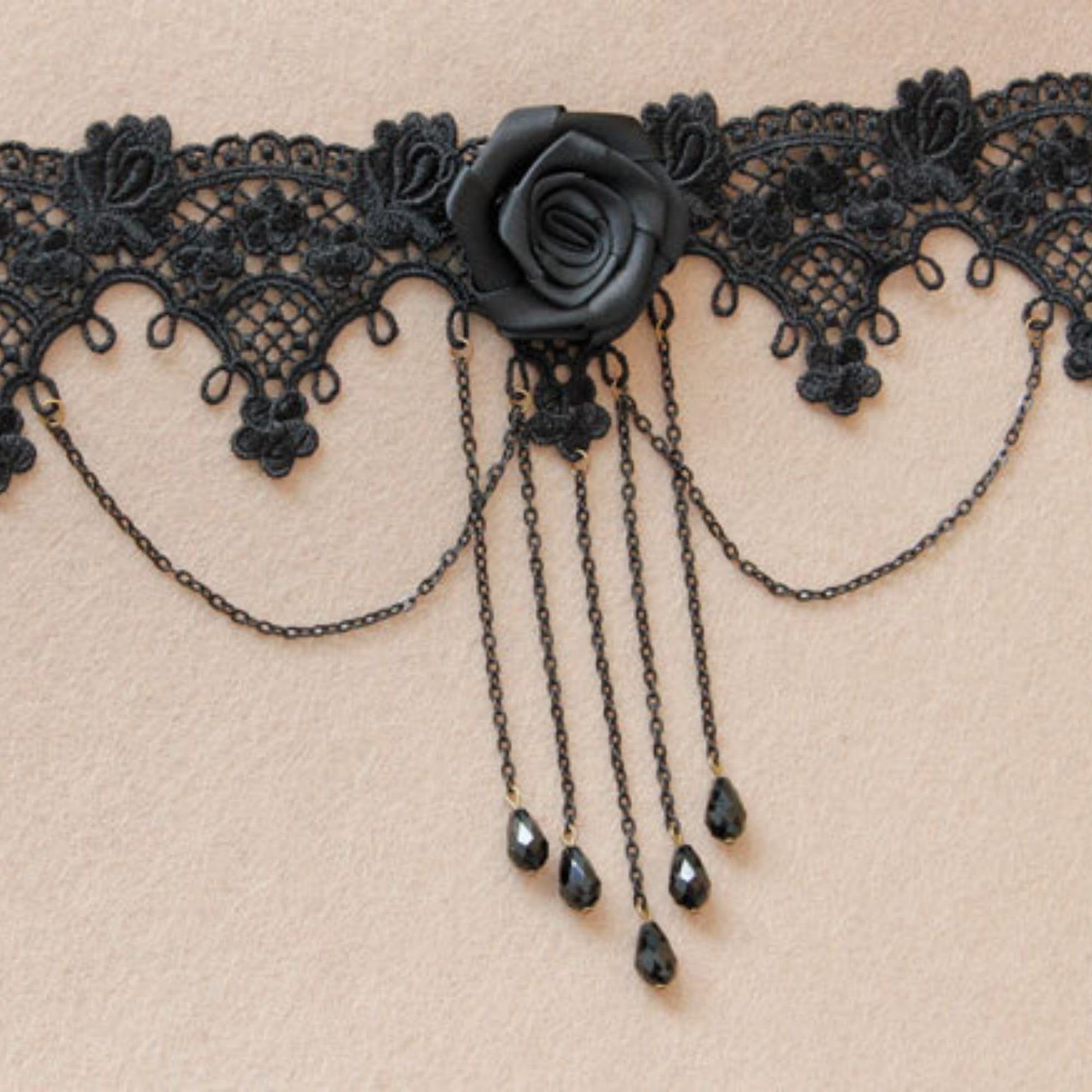 Halloween Black Lace Collar Necklace | Side Black Satin Rose 5-Chain Crystal Teardrop Fringe Vampire Queen Gothic Halloween Costume Jewelry Gift