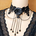 Halloween Black Lace Collar Necklace | Side Black Satin Rose 5-Chain Crystal Teardrop Fringe Vampire Queen Gothic Halloween Costume Jewelry Gift