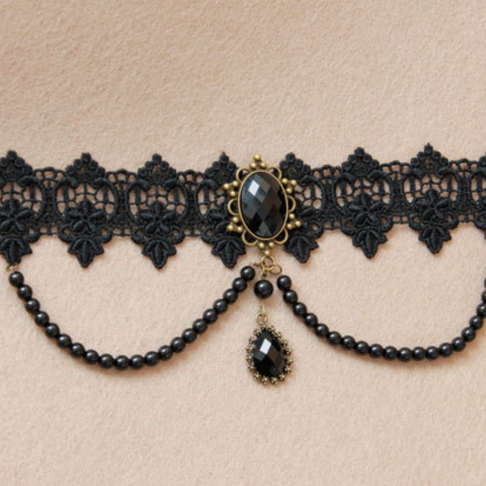 Halloween Black Lace Choker Necklace | Black Pearl Strand Layer Crystal Teardrop Drop Vampire Aristocrat Gothic Halloween Costume Jewelry Gift