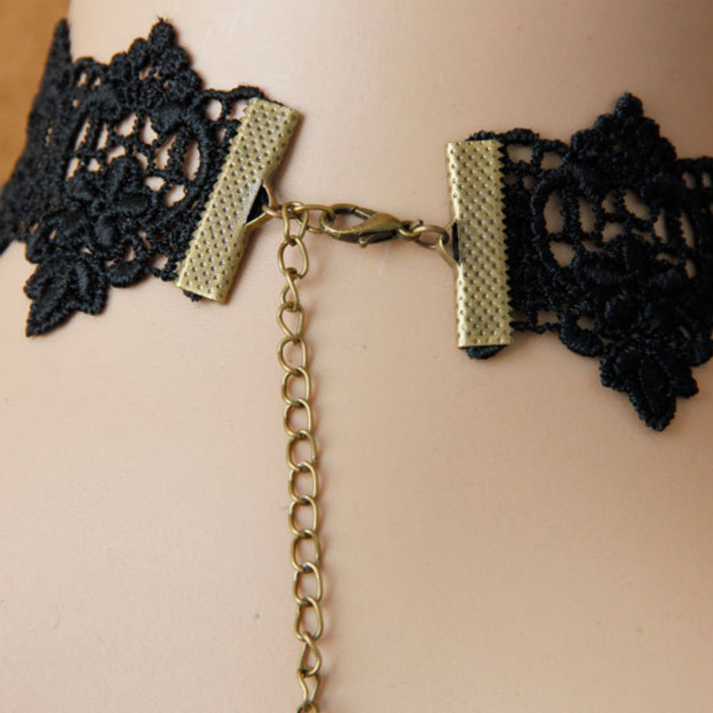 Halloween Black Lace Choker Necklace | Black Pearl Strand Layer Crystal Teardrop Drop Vampire Aristocrat Gothic Halloween Costume Jewelry Gift