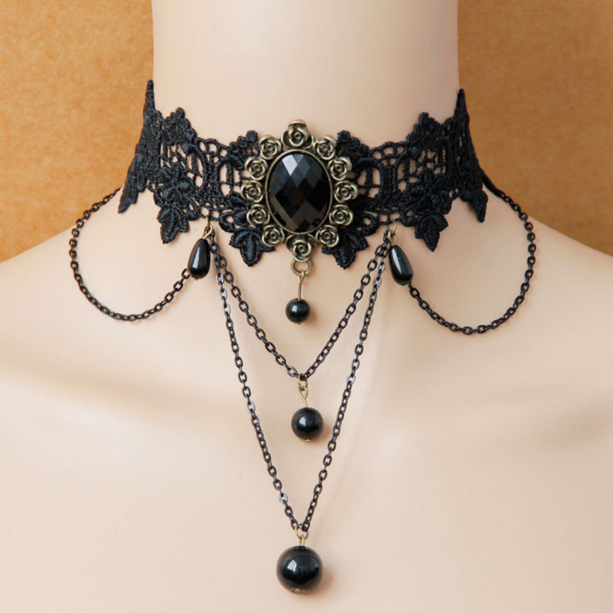 Halloween Black Lace Rose Gem Choker Necklace | Multi-Layer Chain Black Pearl Drop Vampire Queen Halloween Costume Jewelry Gift