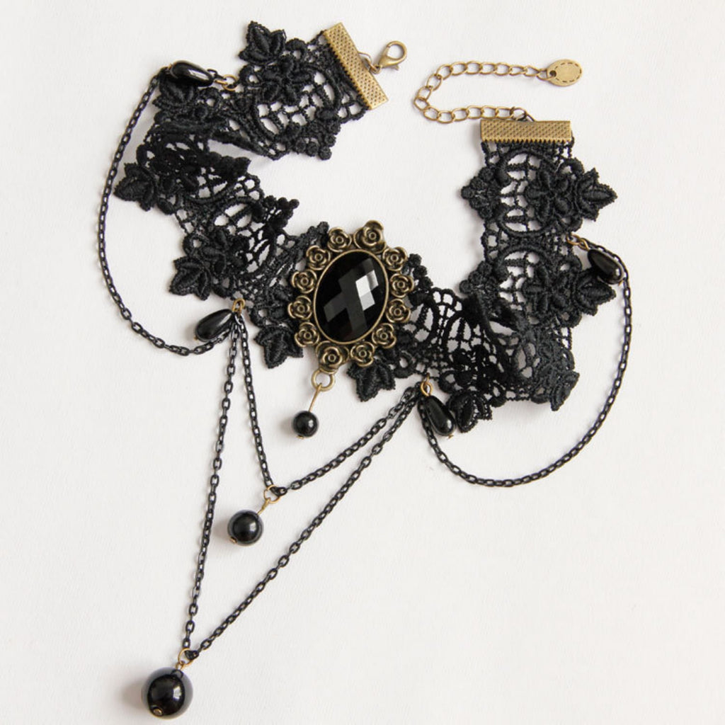 Halloween Black Lace Rose Gem Choker Necklace | Multi-Layer Chain Black Pearl Drop Vampire Queen Halloween Costume Jewelry Gift