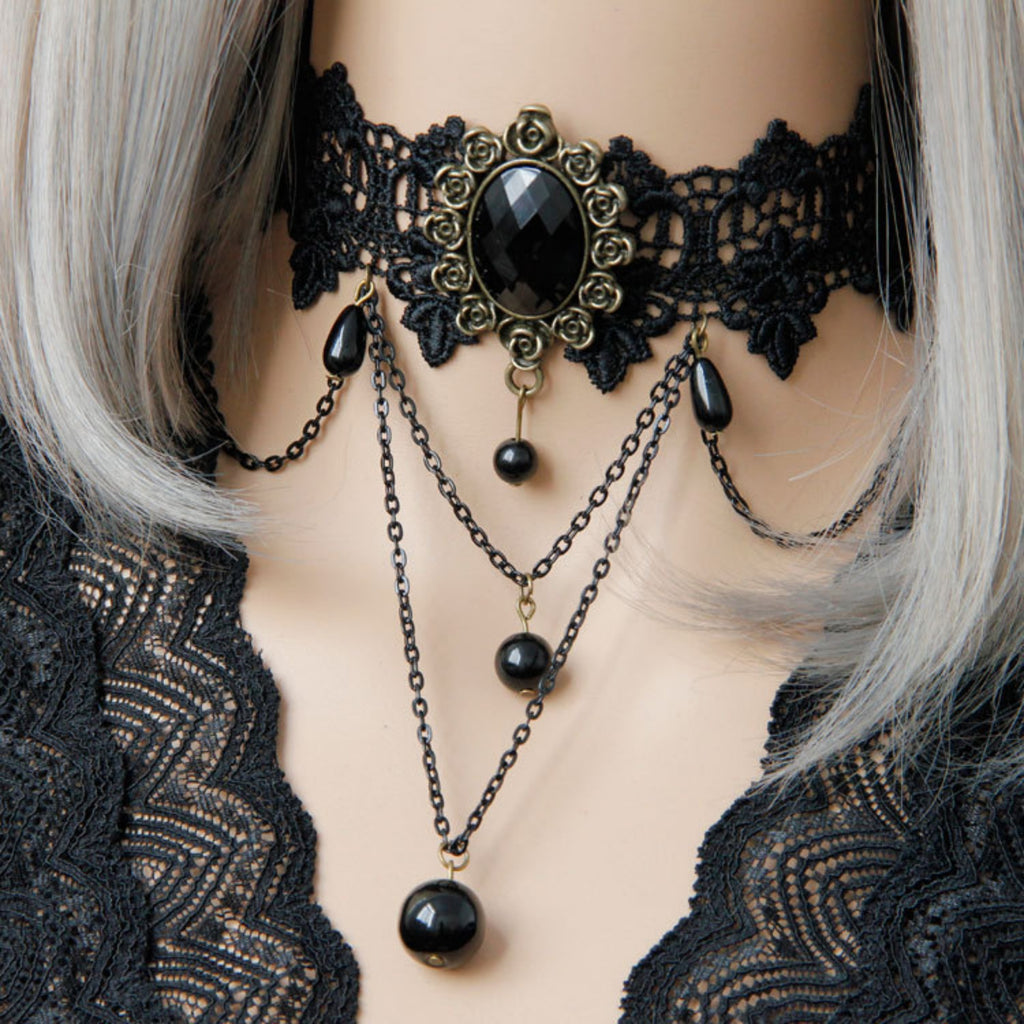 Halloween Black Lace Rose Gem Choker Necklace | Multi-Layer Chain Black Pearl Drop Vampire Queen Halloween Costume Jewelry Gift