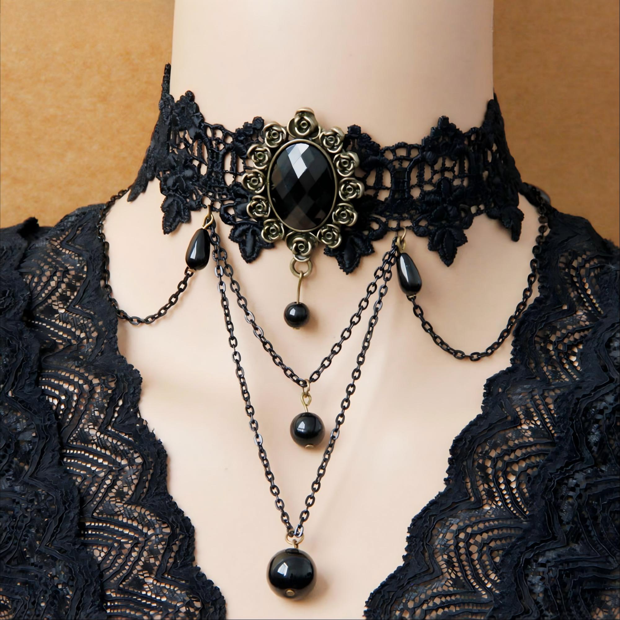 Halloween Black Lace Rose Gem Choker Necklace | Multi-Layer Chain Black Pearl Drop Vampire Queen Halloween Costume Jewelry Gift