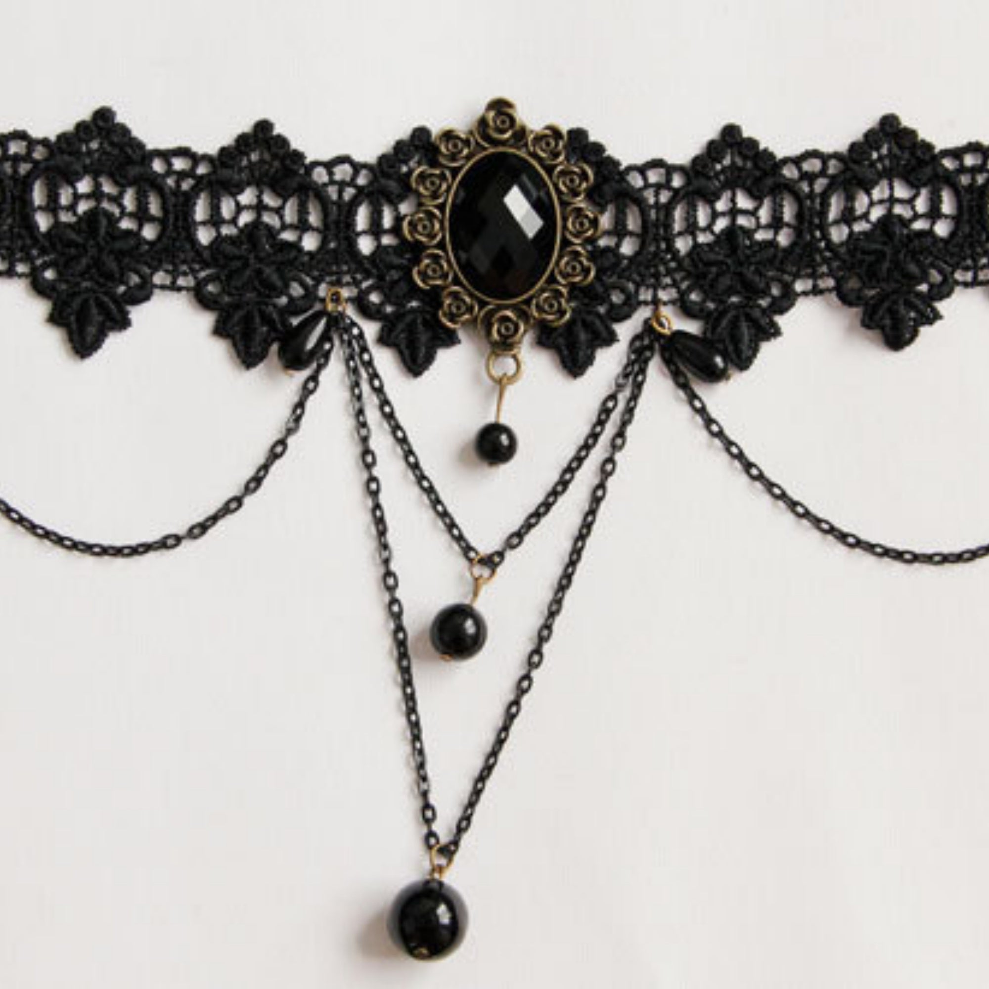 Halloween Black Lace Rose Gem Choker Necklace | Multi-Layer Chain Black Pearl Drop Vampire Queen Halloween Costume Jewelry Gift