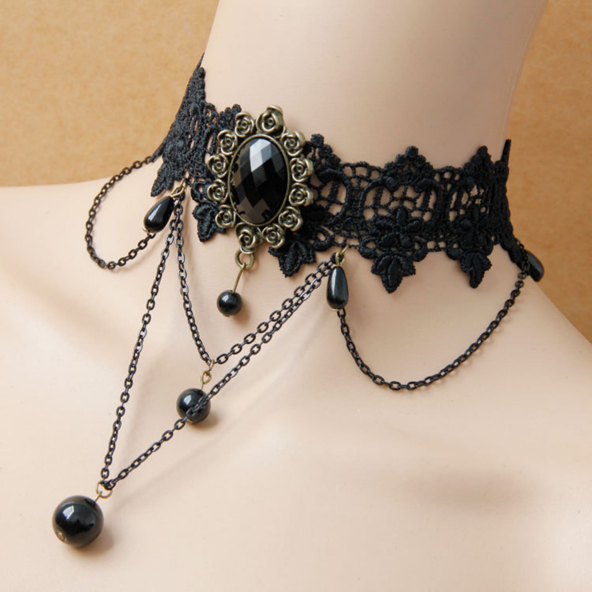 Halloween Black Lace Rose Gem Choker Necklace | Multi-Layer Chain Black Pearl Drop Vampire Queen Halloween Costume Jewelry Gift