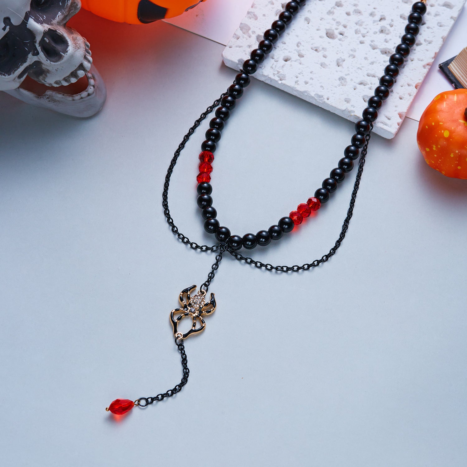 Halloween Gothic Spider Choker Necklace | Black Matte Bead Red Crystal Double Layer Chain Spider Pendant Halloween Jewelry