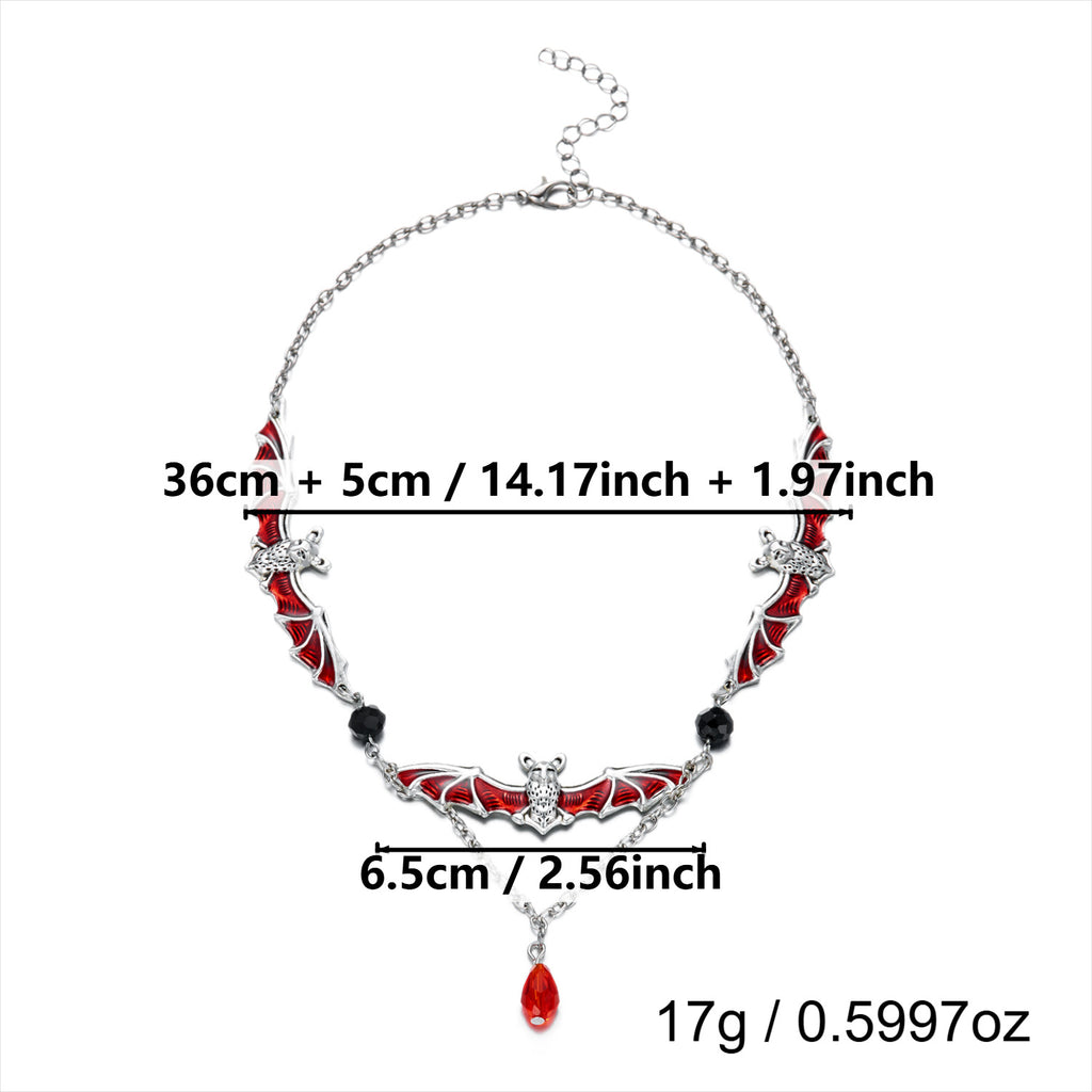 Halloween Gothic Red Enamel Bat Choker Necklace | Silver Bat Pendant Black Crystal Red Teardrop Drop Vampire Dark Statement