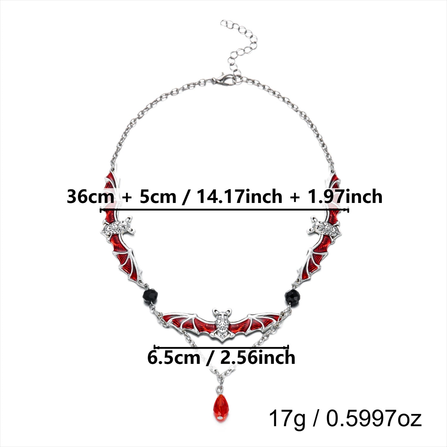 Halloween Gothic Red Enamel Bat Choker Necklace | Silver Bat Pendant Black Crystal Red Teardrop Drop Vampire Dark Statement