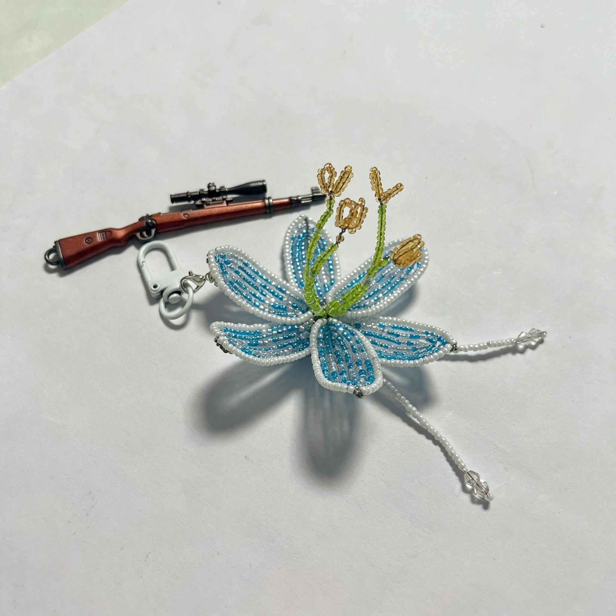 Handmade 3D Blue & White Beaded Lily Flower Keychain | Green Stem Amber Stamen Crystal Drop Bag Charm