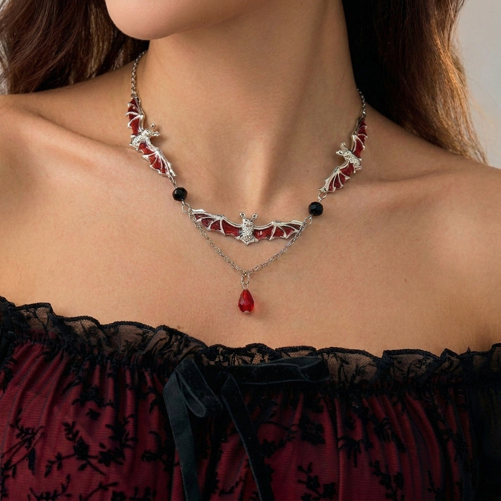 Halloween Gothic Red Enamel Bat Choker Necklace | Silver Bat Pendant Black Crystal Red Teardrop Drop Vampire Dark Statement