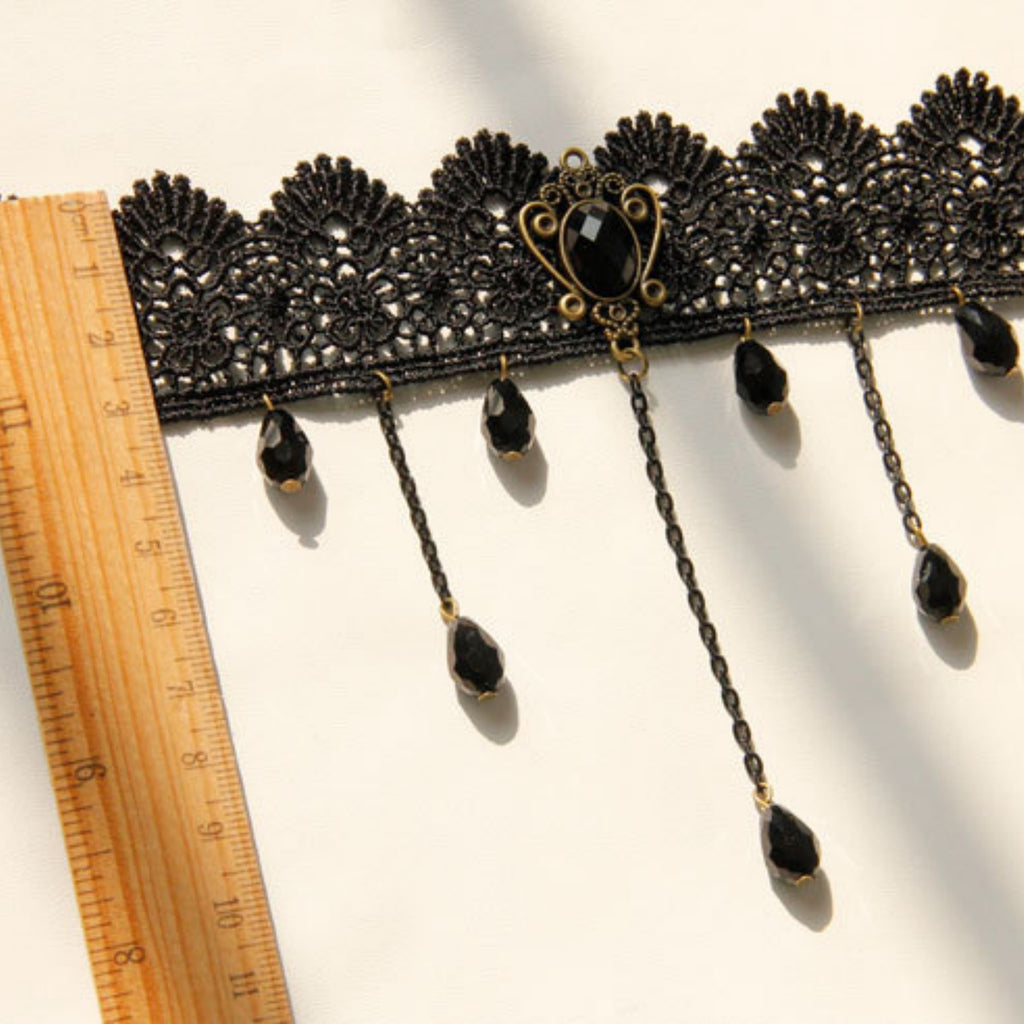 Halloween Black Lace Crown Choker Necklace | Multi Crystal Teardrop Chain Fringe Drop Vampire Dark Queen Halloween Costume Jewelry Gift