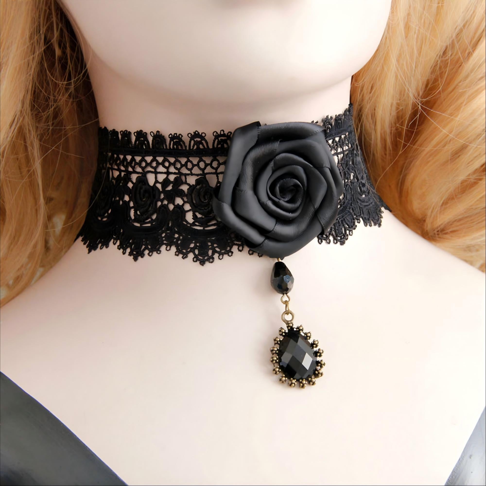 Halloween Black Lace Rose Choker Necklace | 3D Satin Black Rose Crystal Teardrop Drop Vampire Dark Queen Gothic Halloween Costume Jewelry Gift