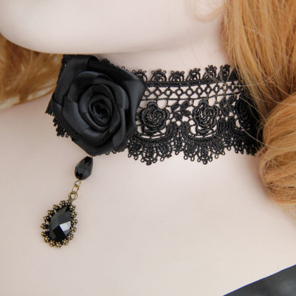 Halloween Black Lace Rose Choker Necklace | 3D Satin Black Rose Crystal Teardrop Drop Vampire Dark Queen Gothic Halloween Costume Jewelry Gift