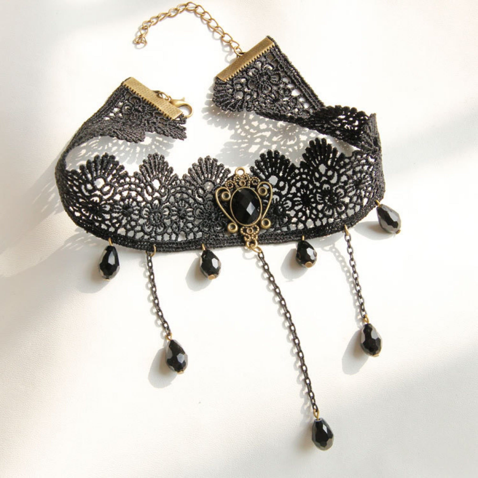 Halloween Black Lace Crown Choker Necklace | Multi Crystal Teardrop Chain Fringe Drop Vampire Dark Queen Halloween Costume Jewelry Gift