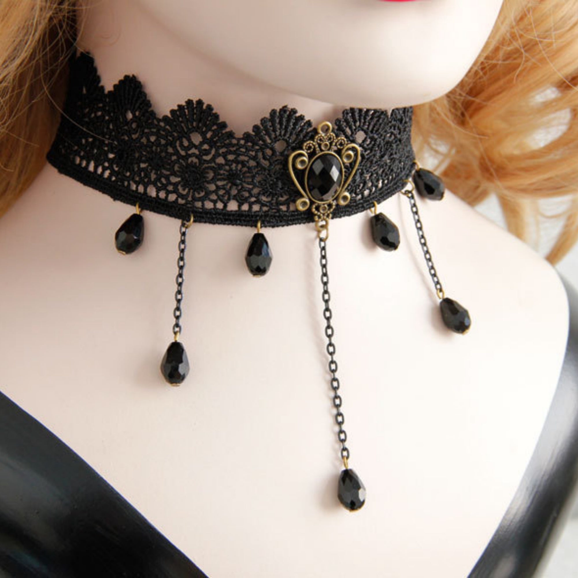 Halloween Black Lace Crown Choker Necklace | Multi Crystal Teardrop Chain Fringe Drop Vampire Dark Queen Halloween Costume Jewelry Gift