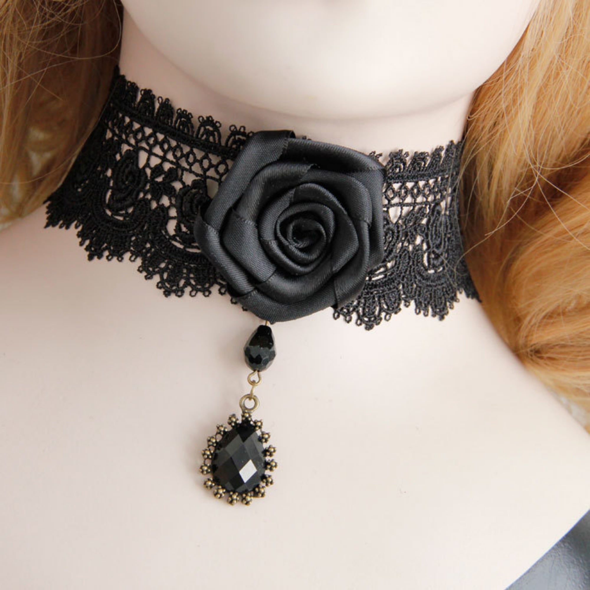 Halloween Black Lace Rose Choker Necklace | 3D Satin Black Rose Crystal Teardrop Drop Vampire Dark Queen Gothic Halloween Costume Jewelry Gift