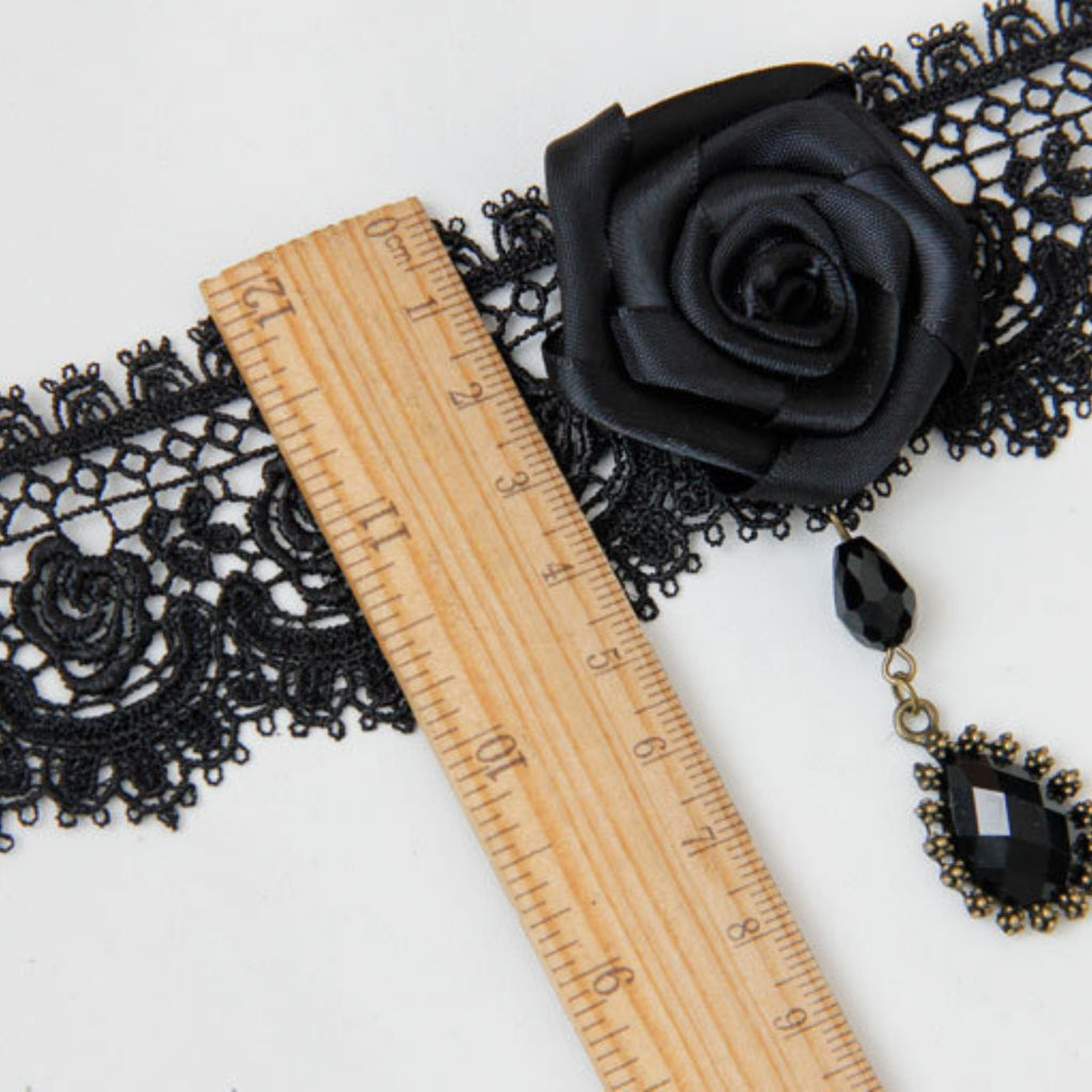 Halloween Black Lace Rose Choker Necklace | 3D Satin Black Rose Crystal Teardrop Drop Vampire Dark Queen Gothic Halloween Costume Jewelry Gift