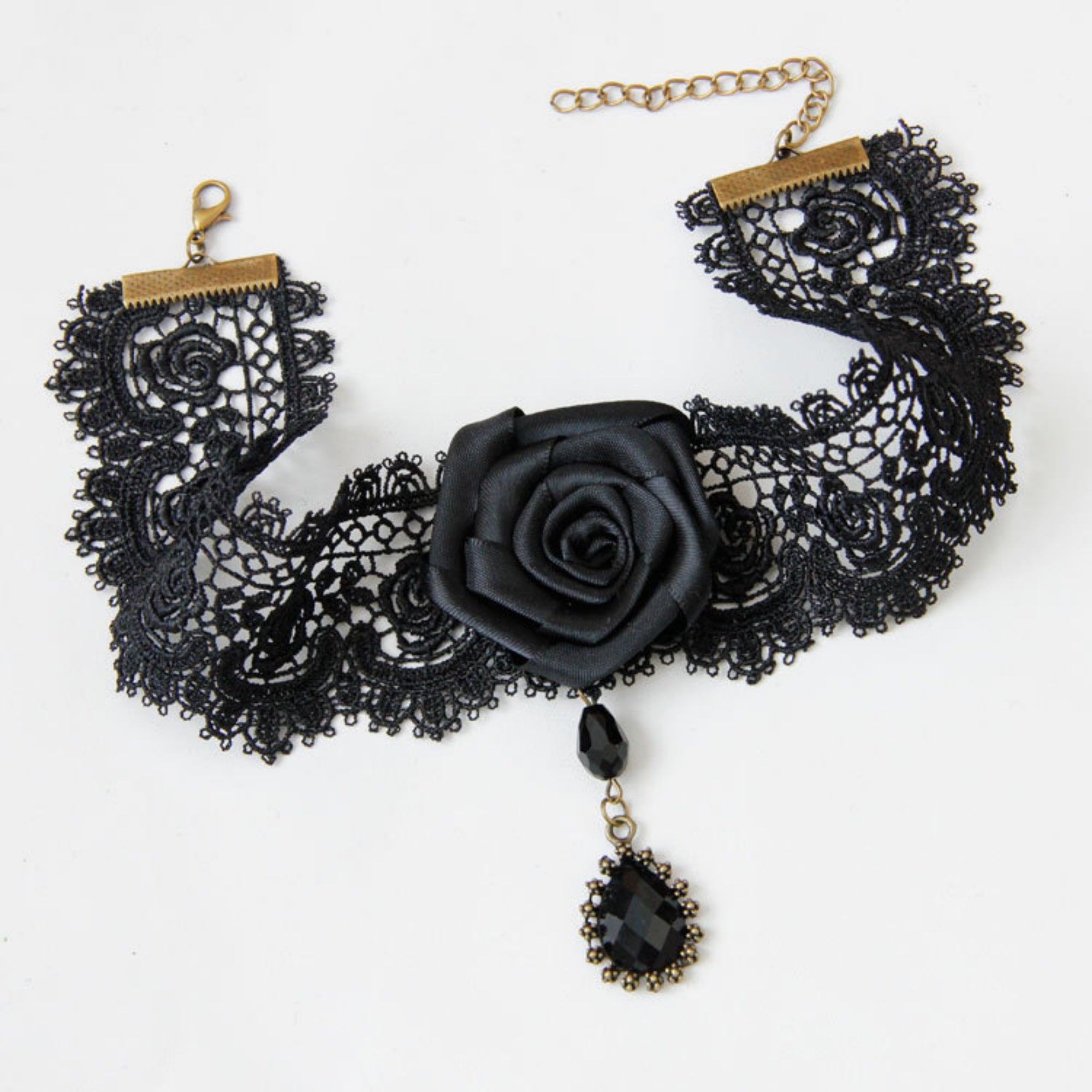 Halloween Black Lace Rose Choker Necklace | 3D Satin Black Rose Crystal Teardrop Drop Vampire Dark Queen Gothic Halloween Costume Jewelry Gift