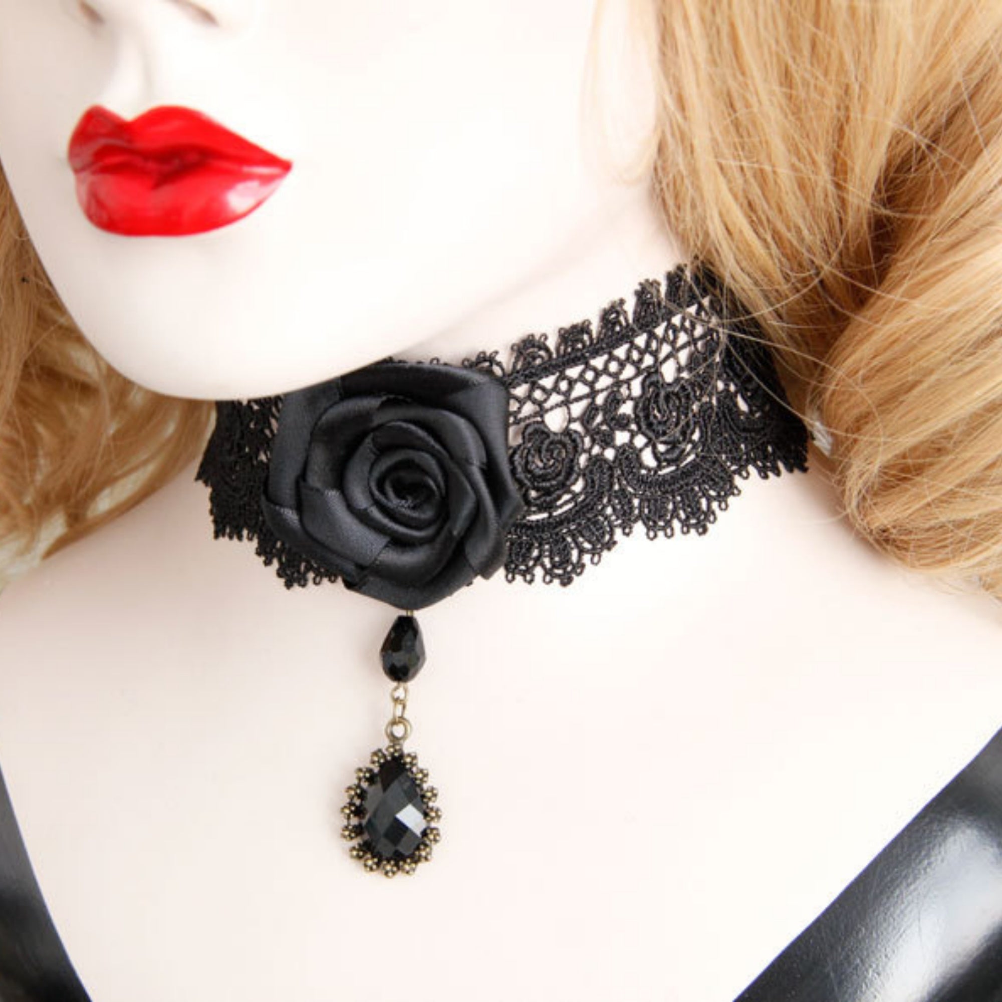 Halloween Black Lace Rose Choker Necklace | 3D Satin Black Rose Crystal Teardrop Drop Vampire Dark Queen Gothic Halloween Costume Jewelry Gift