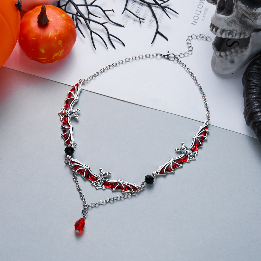 Halloween Gothic Red Enamel Bat Choker Necklace | Silver Bat Pendant Black Crystal Red Teardrop Drop Vampire Dark Statement