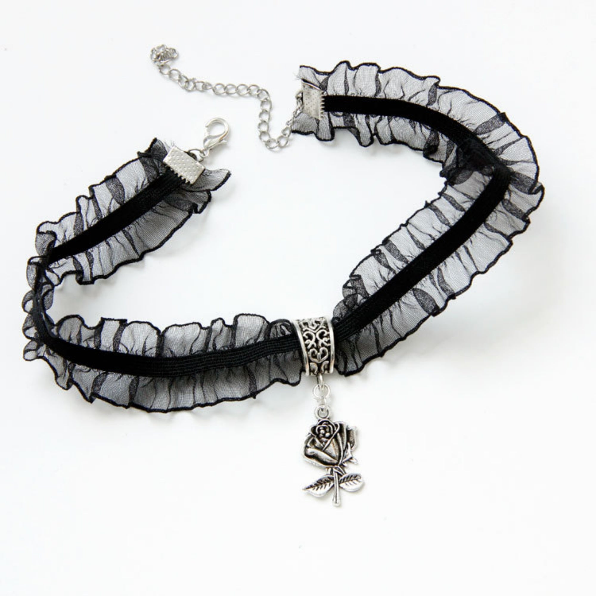 Gothic Lolita Black Double-Layer Ruffle Lace Velvet Choker Necklace | Antique Silver Rose Pendant Dark Aesthetic Halloween Jewelry