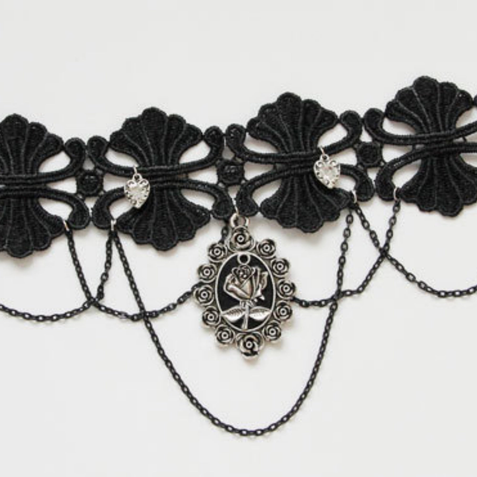 Gothic Black Lace Scallop Choker Necklace | Silver Heart Rhinestone Multi-Chain Rose Cameo Pendant Dark Romance Jewelry