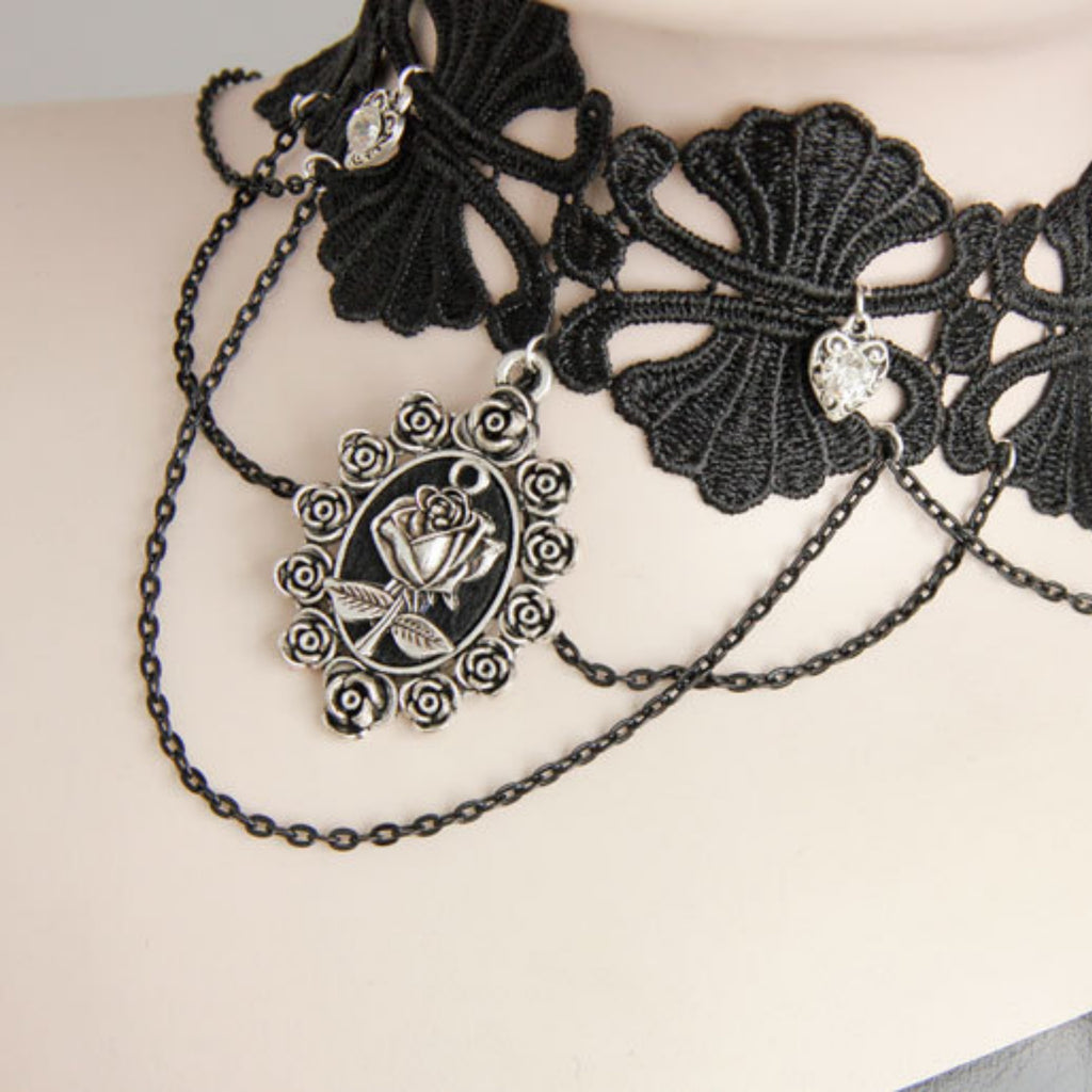 Gothic Black Lace Scallop Choker Necklace | Silver Heart Rhinestone Multi-Chain Rose Cameo Pendant Dark Romance Jewelry