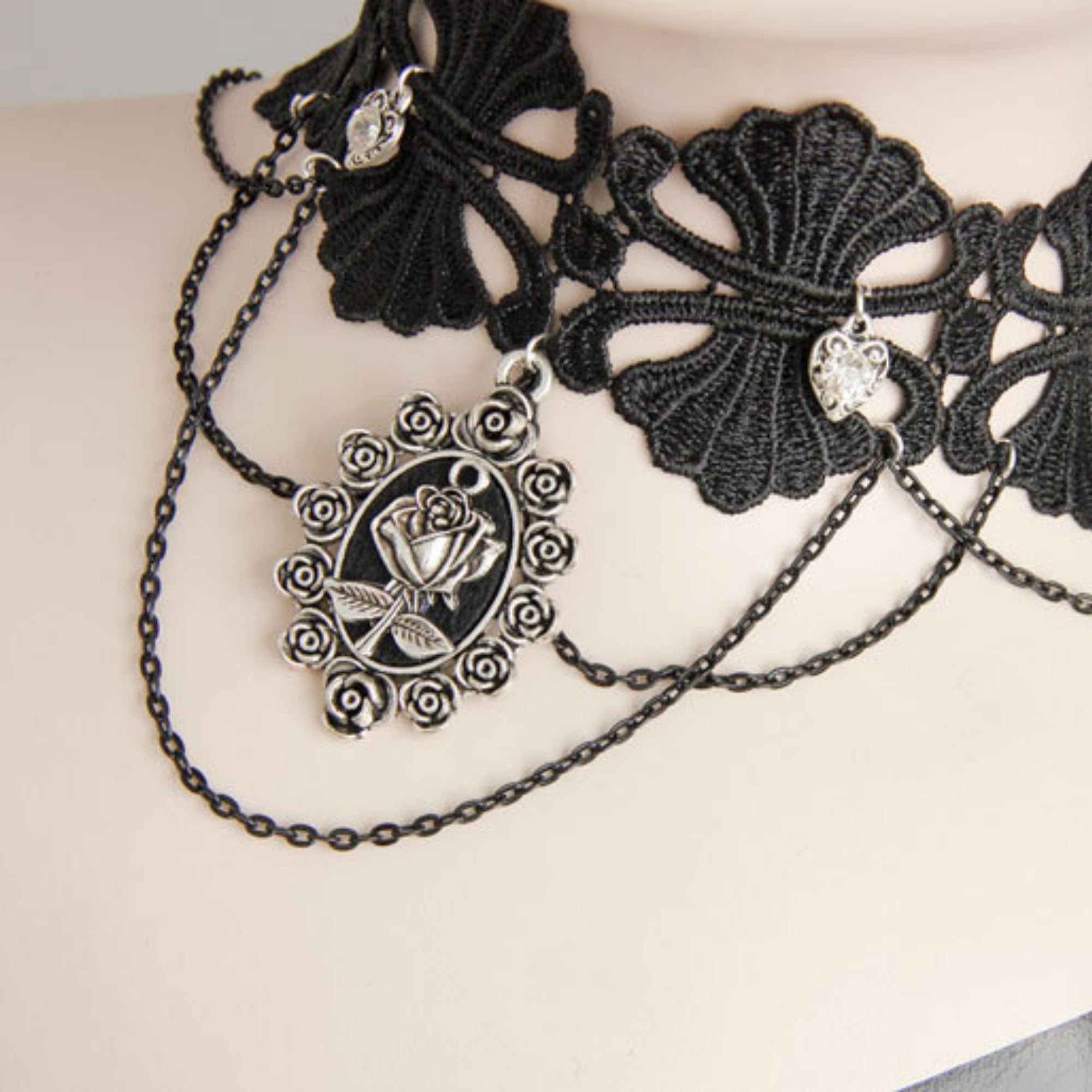 Gothic Black Lace Scallop Choker Necklace | Silver Heart Rhinestone Multi-Chain Rose Cameo Pendant Dark Romance Jewelry