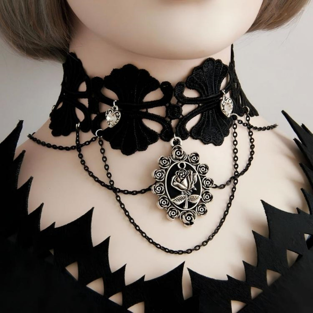 Gothic Black Lace Scallop Choker Necklace | Silver Heart Rhinestone Multi-Chain Rose Cameo Pendant Dark Romance Jewelry