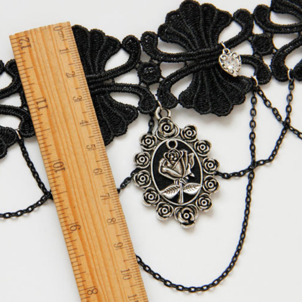 Gothic Black Lace Scallop Choker Necklace | Silver Heart Rhinestone Multi-Chain Rose Cameo Pendant Dark Romance Jewelry