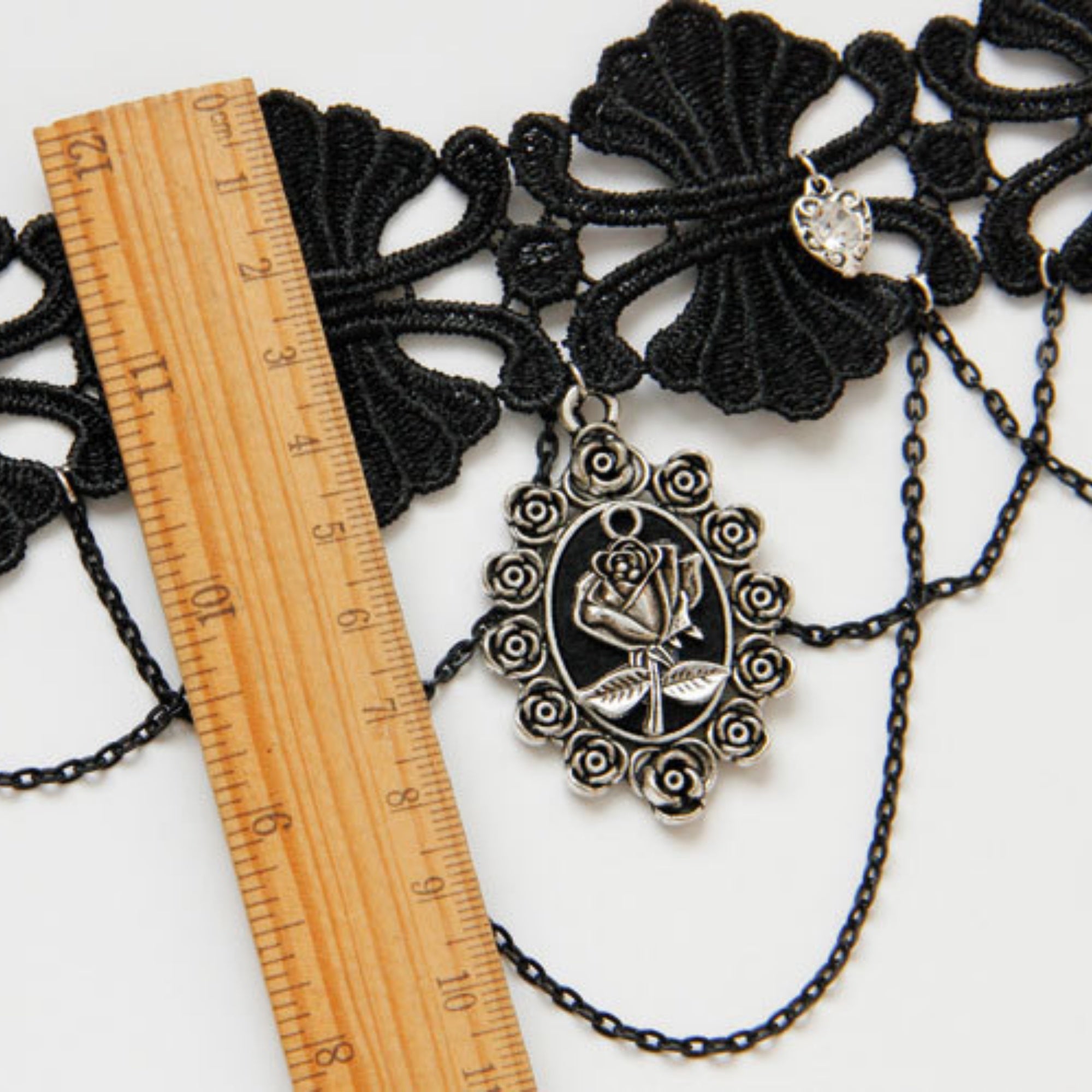 Gothic Black Lace Scallop Choker Necklace | Silver Heart Rhinestone Multi-Chain Rose Cameo Pendant Dark Romance Jewelry