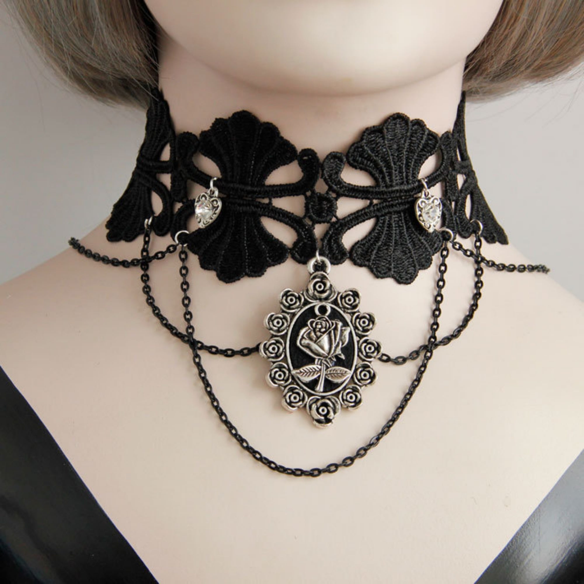 Gothic Black Lace Scallop Choker Necklace | Silver Heart Rhinestone Multi-Chain Rose Cameo Pendant Dark Romance Jewelry