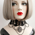 Gothic Black Lace Scallop Choker Necklace | Silver Heart Rhinestone Multi-Chain Rose Cameo Pendant Dark Romance Jewelry