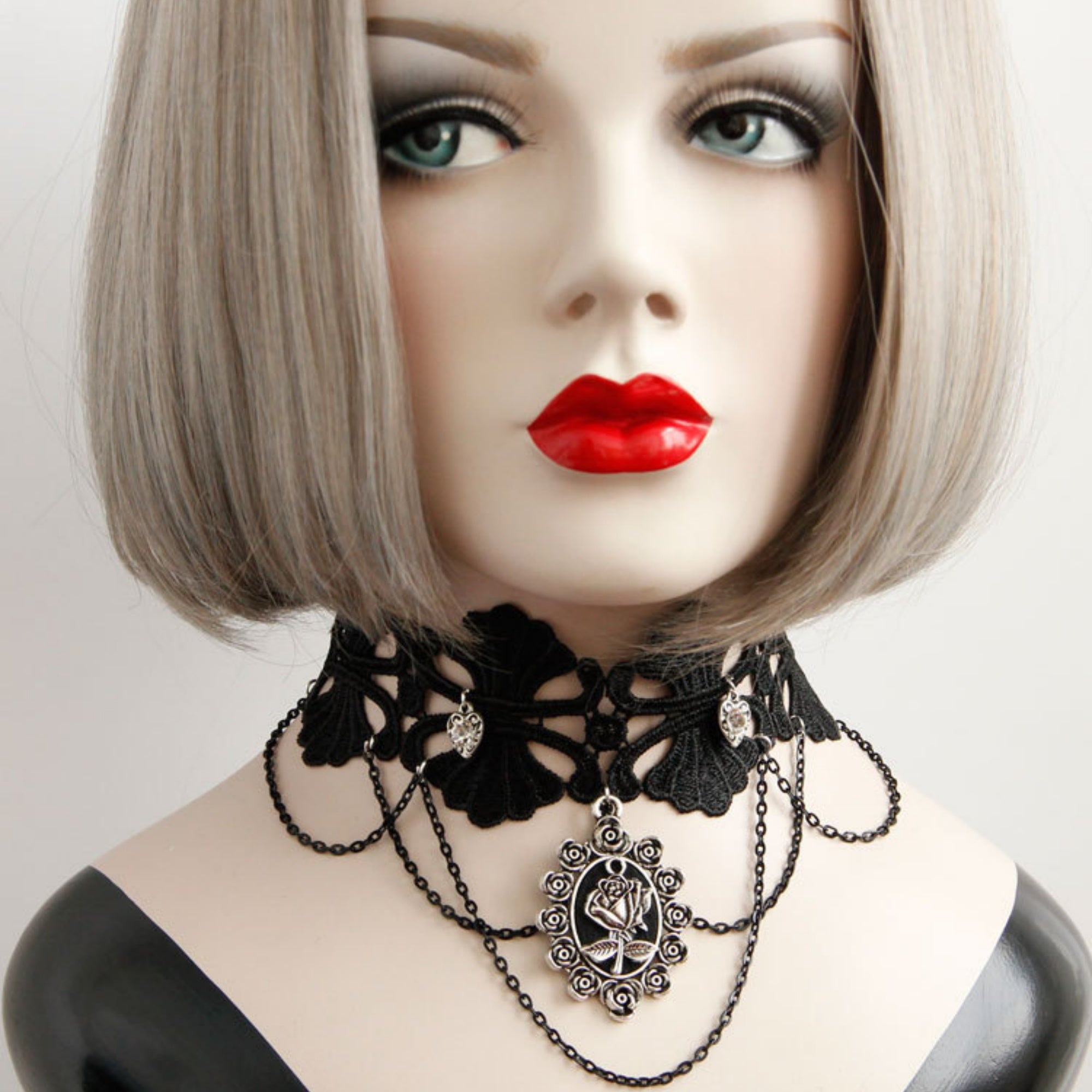 Gothic Black Lace Scallop Choker Necklace | Silver Heart Rhinestone Multi-Chain Rose Cameo Pendant Dark Romance Jewelry