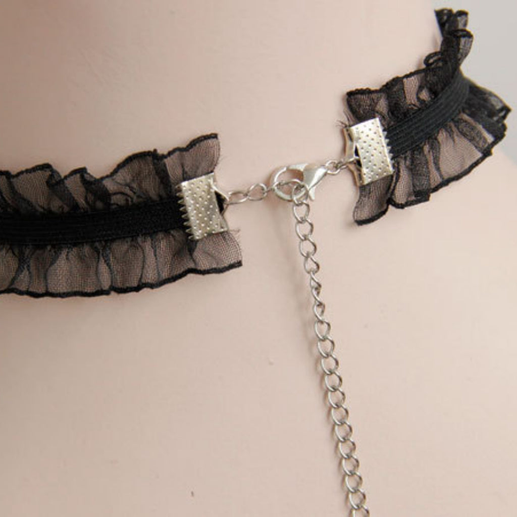 Gothic Lolita Black Double-Layer Ruffle Lace Velvet Choker Necklace | Antique Silver Rose Pendant Dark Aesthetic Halloween Jewelry