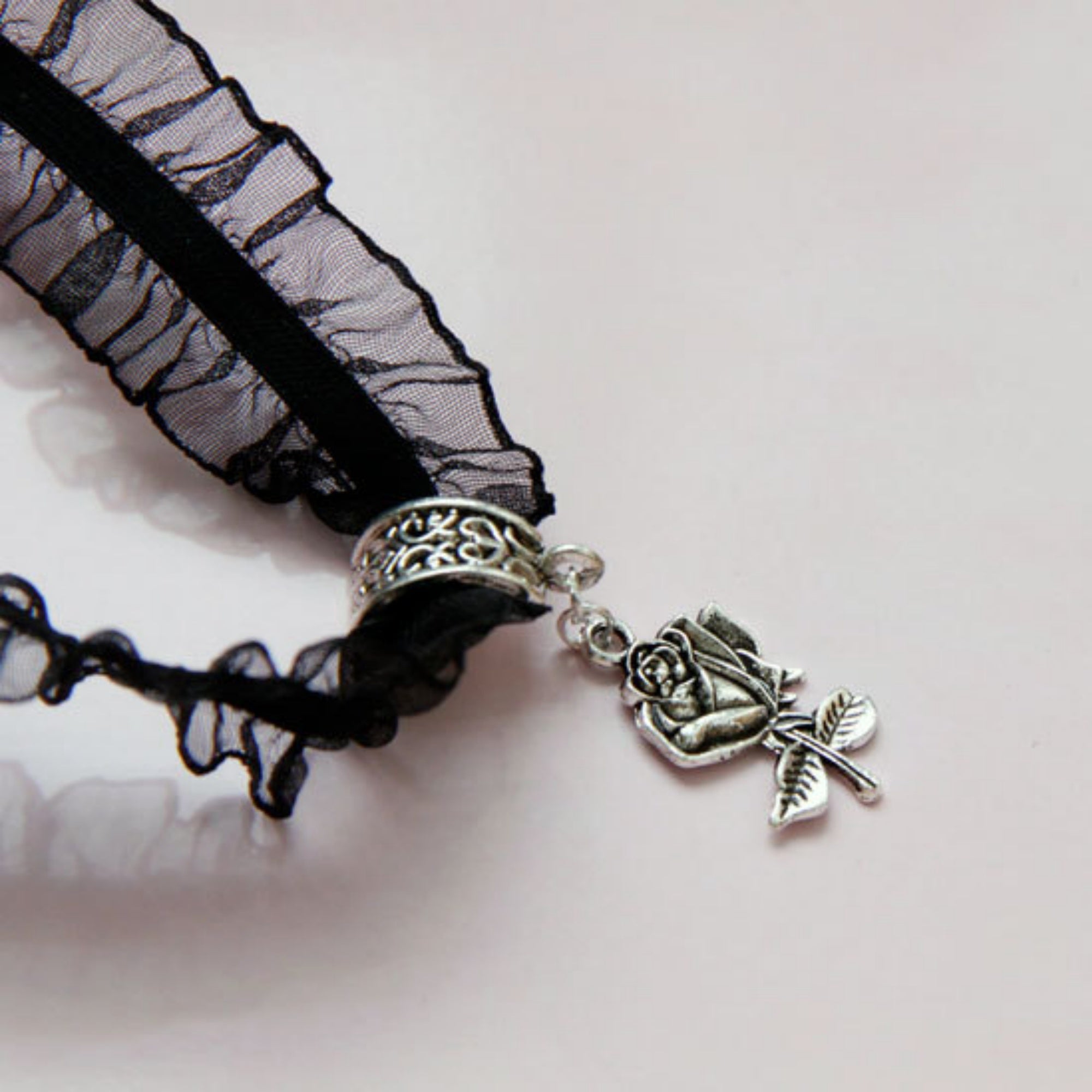 Gothic Lolita Black Double-Layer Ruffle Lace Velvet Choker Necklace | Antique Silver Rose Pendant Dark Aesthetic Halloween Jewelry