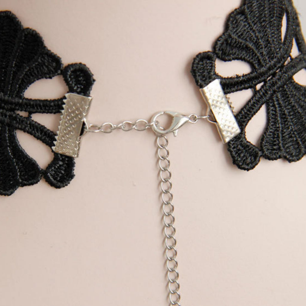 Gothic Black Lace Scallop Choker Necklace | Silver Heart Rhinestone Multi-Chain Rose Cameo Pendant Dark Romance Jewelry