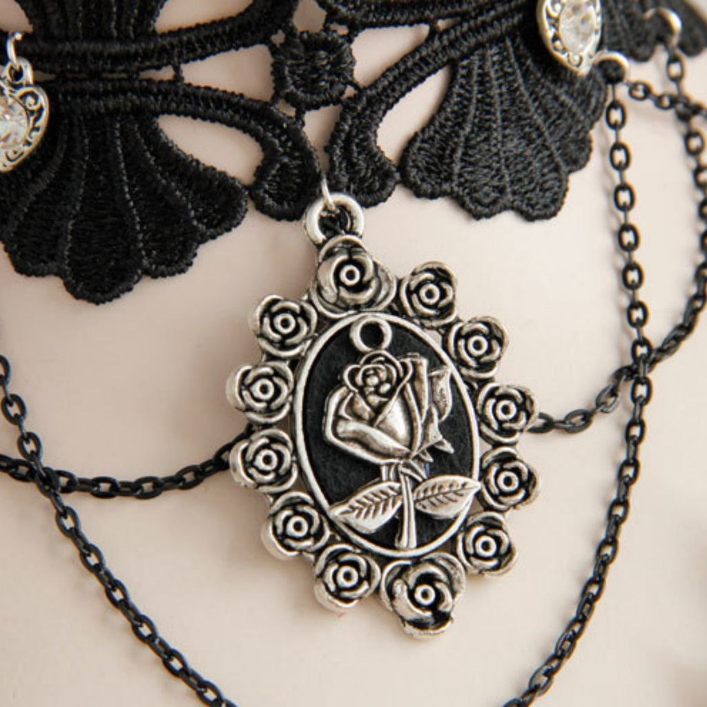 Gothic Black Lace Scallop Choker Necklace | Silver Heart Rhinestone Multi-Chain Rose Cameo Pendant Dark Romance Jewelry